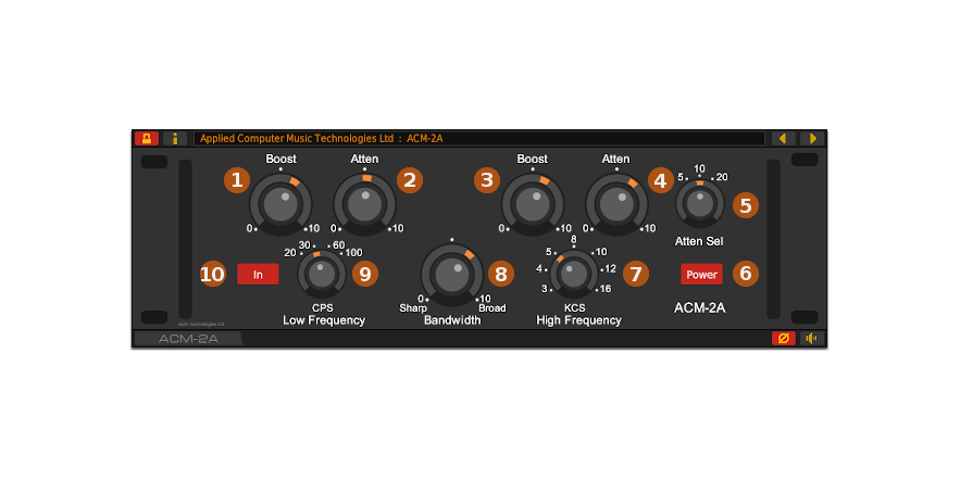 Front panel of the ACM-2A program EQ plug-in for Windows and Linux