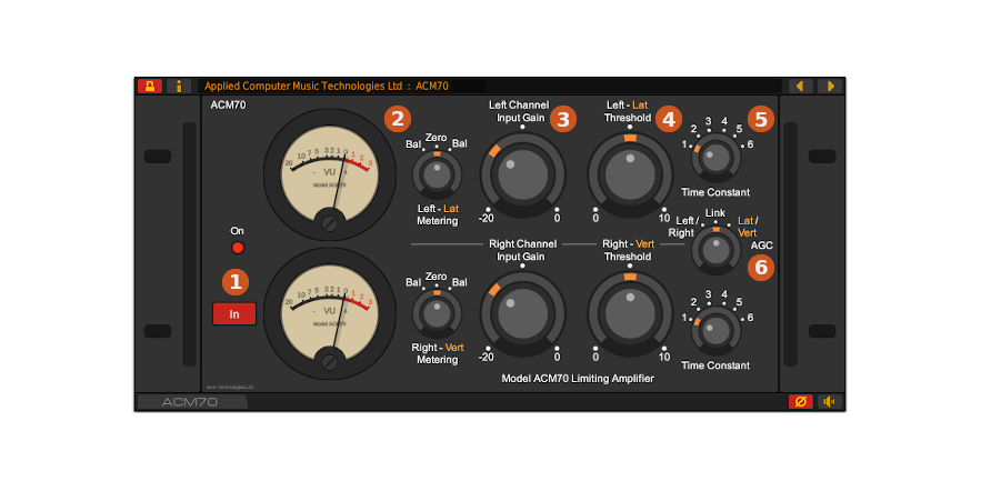 Front panel of the ACM70 vintage limiter VST plug-in for Windows and Linux