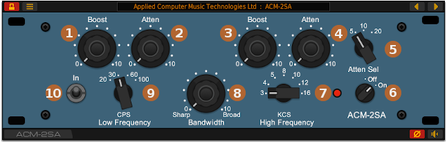 Front panel of the ACM-2SA vintage program EQ plug-in for Windows and Linux