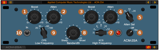 Front panel of the ACM-2SA vintage program EQ plug-in for Windows and Linux