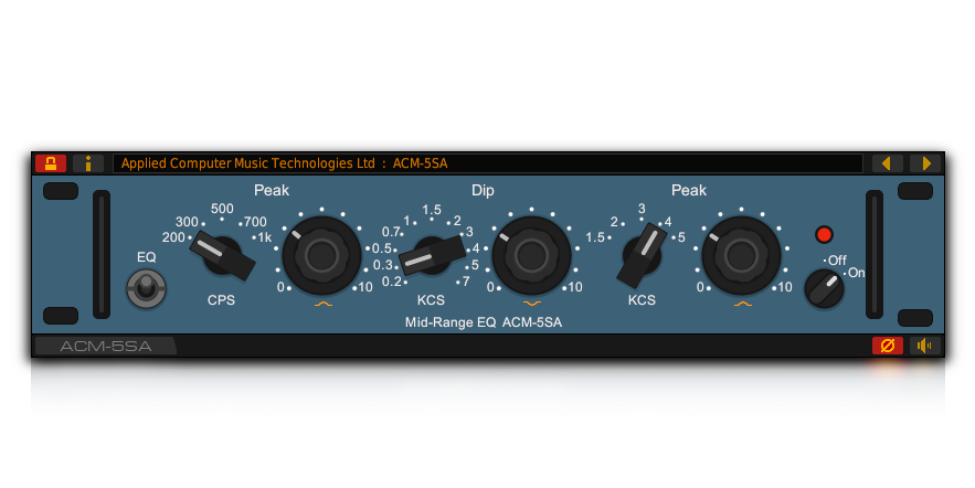 Front panel of the ACM-5SA vintage mid-range EQ VST plug-in for Windows and Linux