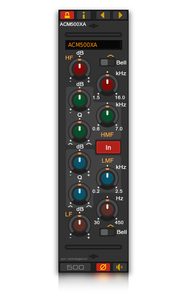 Front panel of the ACM500XA Console EQ VST plug-in for Windows and Linux