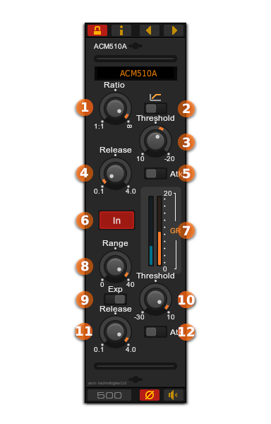 Front panel of the ACM510A professional console channel dynamics plug-in for Windows and Linux