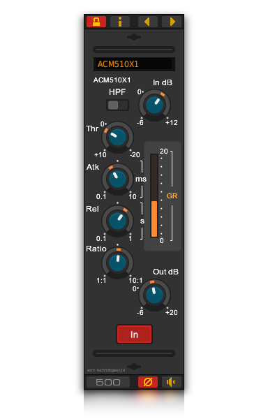 Front panel of the ACM510X1 Channel Compressor VST plug-in for Windows and Linux