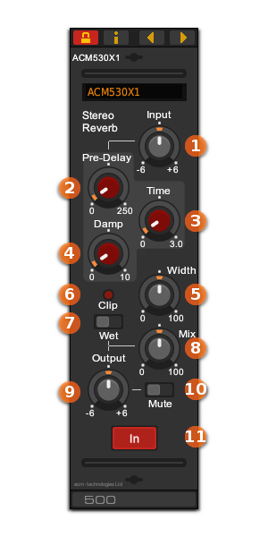 Front panel of the ACM530X1 stereo reverb VST plug-in for Windows and Linux