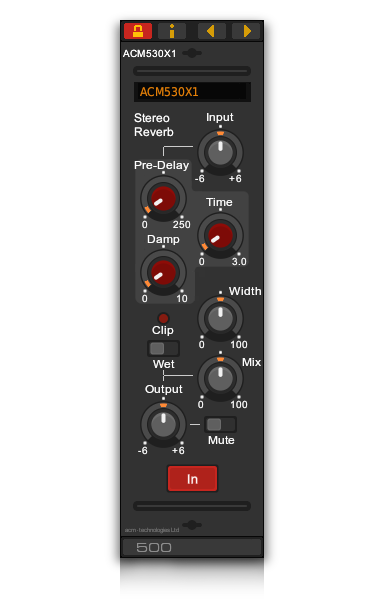 Front panel of the ACM530X1 plate reverb VST plug-in for Windows and Linux