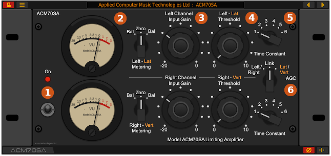 Front panel of the ACM70SA vintage limiter VST plug-in for Windows and Linux