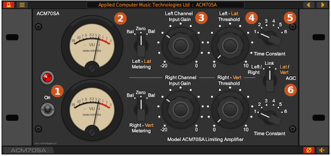 Front panel of the ACM70SA vintage limiter VST plug-in for Windows and Linux