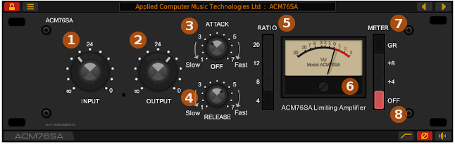 Front panel of the ACM76SA vintage FET compressor plug-in for Windows and Linux